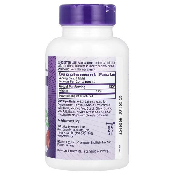 Мелатонін швидкорозчинний, 5 мг, смак полуниці, Melatonin, Fast Dissolve, Natrol, 30 таблеток
