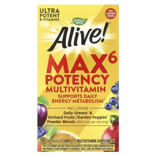 Мультивітаміни підвищеної ефективності без заліза, Alive! Max6 Potency Multivitamin, No Added Iron, Nature's Way, 90 Капсул