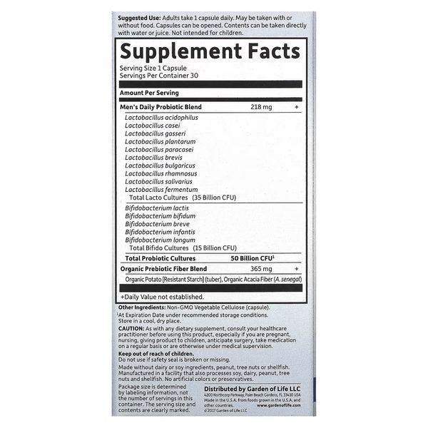 Пробіотики для чоловіків, 50 млрд КУО, Probiotics Once Daily Men's, Garden of Life, 30 вегетаріанських капсул