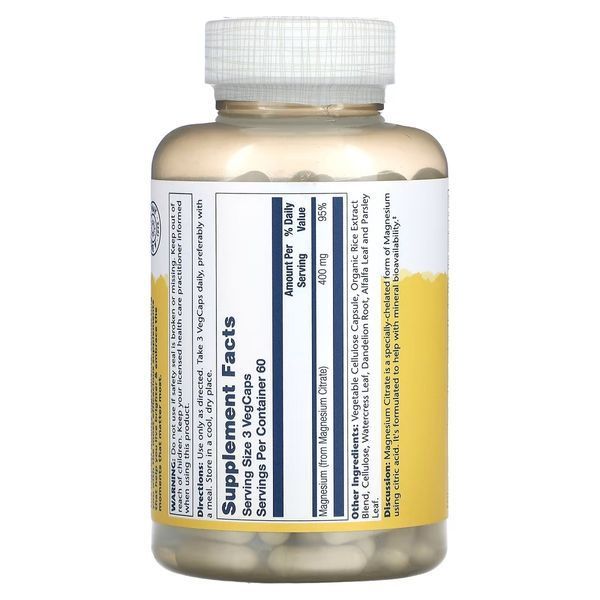 Цитрат Магния, 400 Мг, Magnesium Citrate, Solaray 180 Капсул