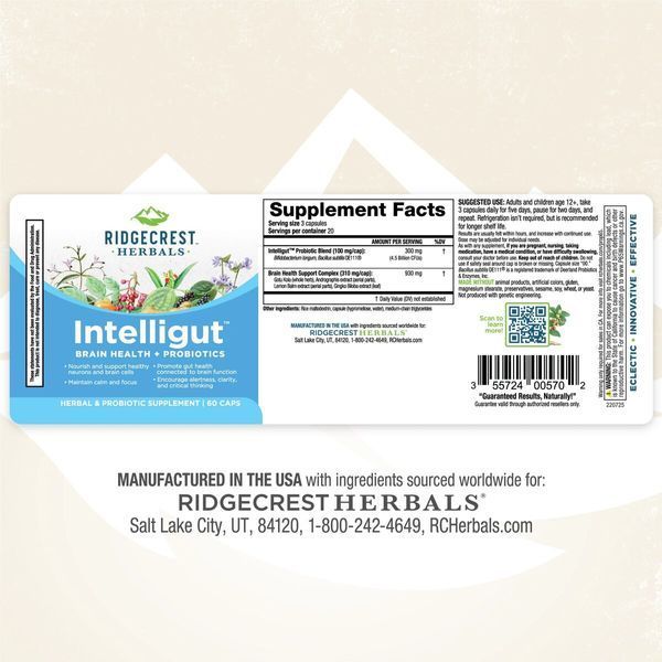 Комплекс для здоровья мозга с пробиотиком, Интеллигут, Intelligut, RidgeCrest Herbals, 60 капсул