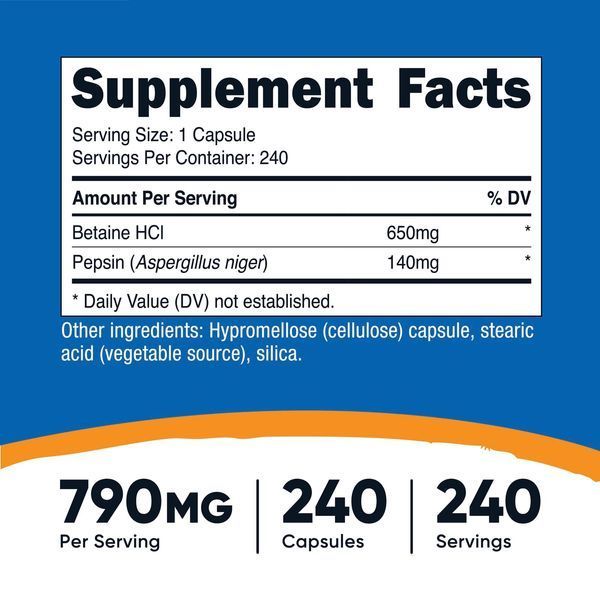 Бетаїн HCl і пепсин, Betaine HCl + Pepsin, Nutricost, 240 капсул
