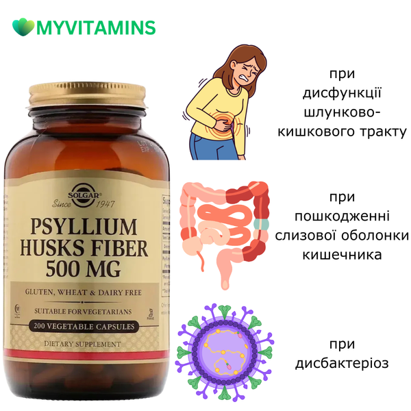 Подорожник (Псиліум), Psyllium Husks Fiber, Solgar, 500 мг, 200 вегетаріанських капсул