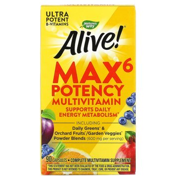 Мультивітаміни Max6, Alive! Max6 Daily, Multi-Vitamin, Nature's Way 90 капсул