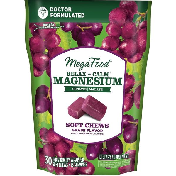 Заспокійливий Магній, смак винограду, Relax + Calm Magnesium Soft Chews, Grape, MegaFood, 30 м'яких жувальних цукерок в індивідуальній упаковці