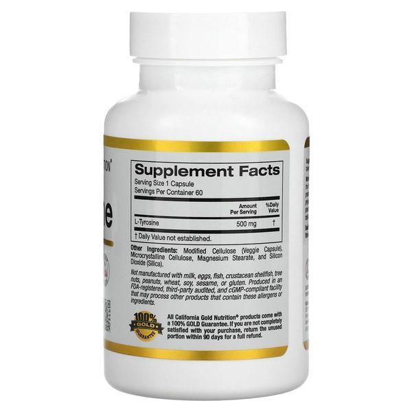 L-Тирозин 500 мг, L-Tyrosine, California Gold Nutrition, 60 вегетаріанських капсул