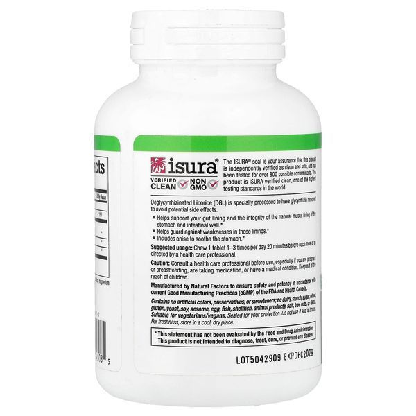 Екстракт кореня солодки дегліцирризінірованний, Лакриця, DGL, Deglycyrrhizinated Licorice Root Extract, Natural Factors, 90 жувальних таблеток