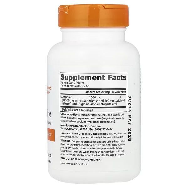 L-Аргінін, 500 мг у кожній, L-Arginine 1000, Doctor's Best, 120 таблеток