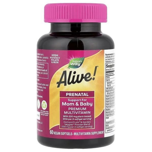 Мультивитамины премиум для беременных, Alive! Complete Premium Prenatal Multivitamin, Nature's Way, 60 гелевых капсул