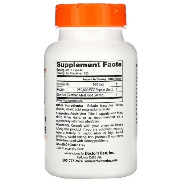 Бетаїн HCL і Пепсин, Betaine HCL & Pepsin, Doctor's Best, 120 капсул