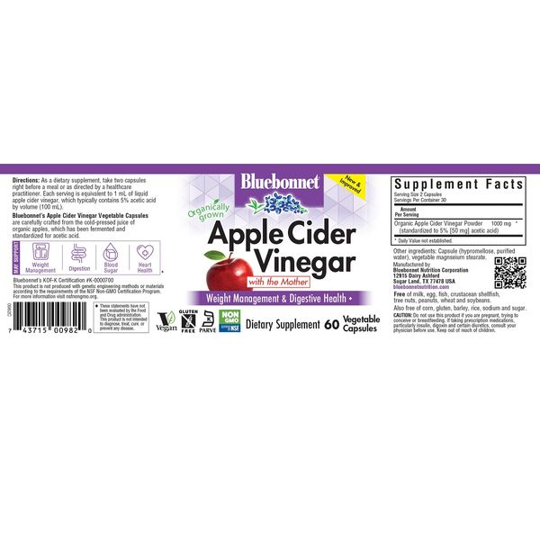 Яблучний оцет, Apple cider vinegar, Bluebonnet Nutrition, 60 вегетаріанських капсул