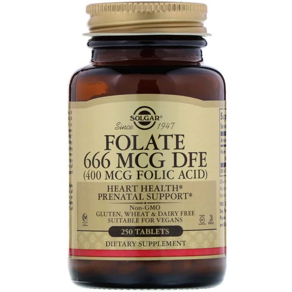 Фолієва Кислота (В9), Folic Acid, 400 мкг, Solgar, 250 таблеток