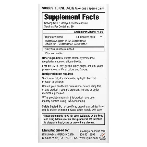 Пробиотик, 6 млрд КОЕ, Kyo-Dophilus, Fifty+Probiotic, 6 Billion CFU, Kyolic, 30 вегетарианских капсул