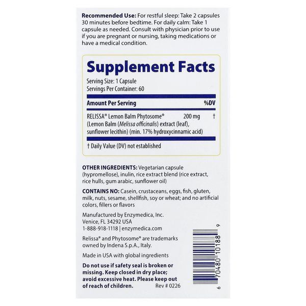 Спокойный сон и расслабление, Sleep & Stress Lemon Balm Phytosome, Enzymedica, 60 веганских капсул