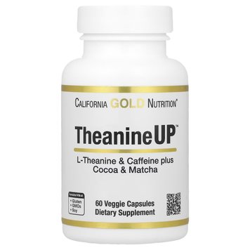 L-Теанін та кофеїн, сфокусована енергія, L-Theanine & Caffeine plus Cocoa & Matcha, California Gold Nutrition, 60 вегетаріанських капсул