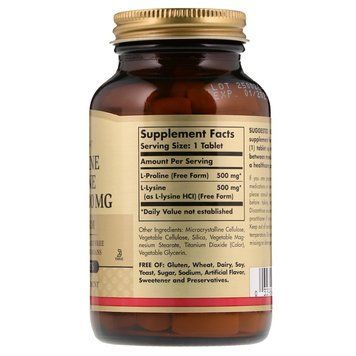 Пролін/Лізин, L-Proline/L-Lysine, Free Form, Solgar, 500 мг/500 мг, 90 таблеток