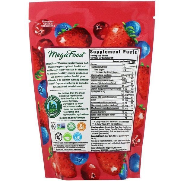 Мультивитамины для женщин, вкус ягод, Women's Multivitamin Soft Chews, Mixed Berry Flavor, MegaFood, 30 мягких жевательных конфет в индивидуальной упаковке