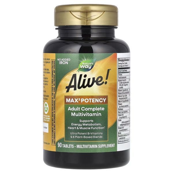 Мультивитамины повышенной эффективности без железа, Alive! Max3 Potency Multivitamin, No Added Iron, Nature's Way, 90 таблеток