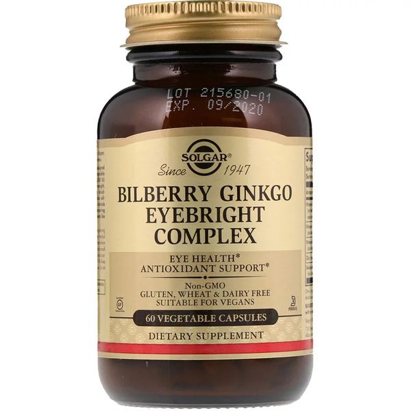 Комплекс для Очей, Bilberry Ginkgo Eyebright Complex, Solgar, 60 капсул