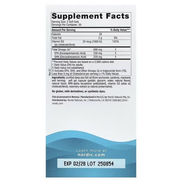 Омега-3 та вітамін D3, 690 мг та 25 мкг (1000 МО), смак лимона, Omega-3D, Nordic Naturals, 60 гелевих капсул