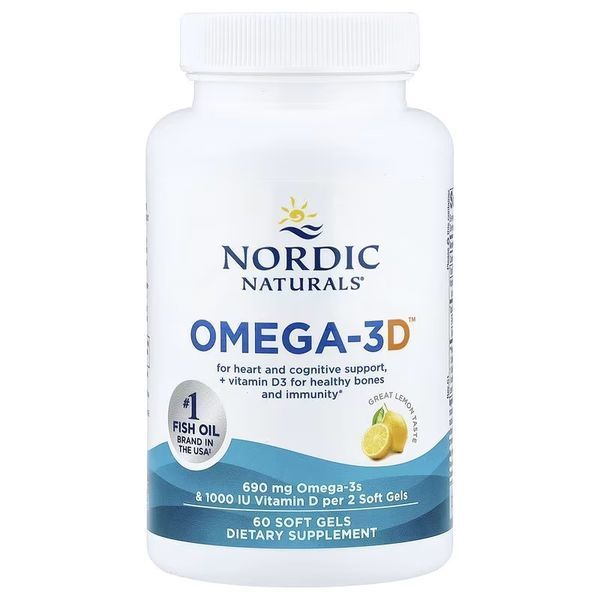 Омега-3 та вітамін D3, 690 мг та 25 мкг (1000 МО), смак лимона, Omega-3D, Nordic Naturals, 60 гелевих капсул
