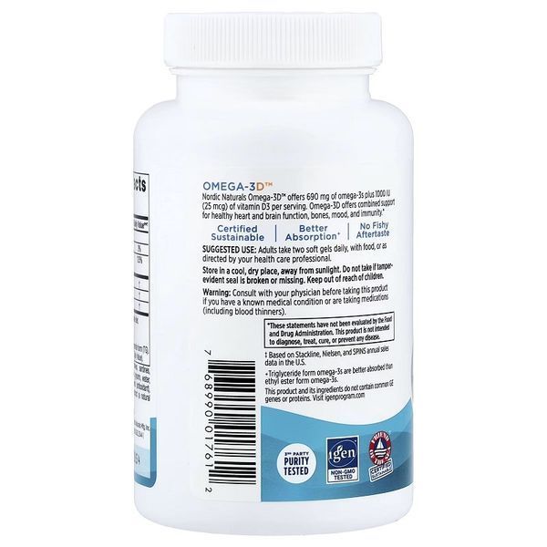 Омега-3 та вітамін D3, 690 мг та 25 мкг (1000 МО), смак лимона, Omega-3D, Nordic Naturals, 60 гелевих капсул