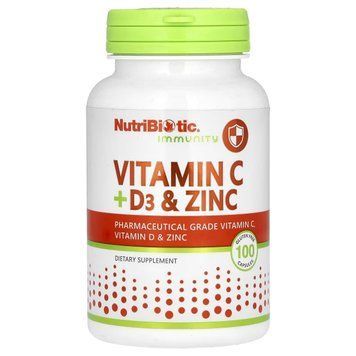 Витамин C, D3 и цинк, Immunity, Vitamin C, D3 & Zinc, NutriBiotic, 100 капсул