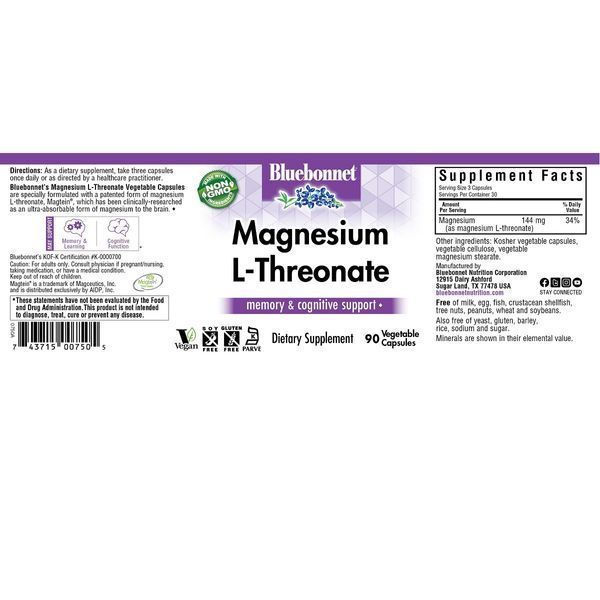 L-Треонат Магния, Magnesium L-Threonate, Bluebonnet Nutrition, 90 вегетарианских капсул