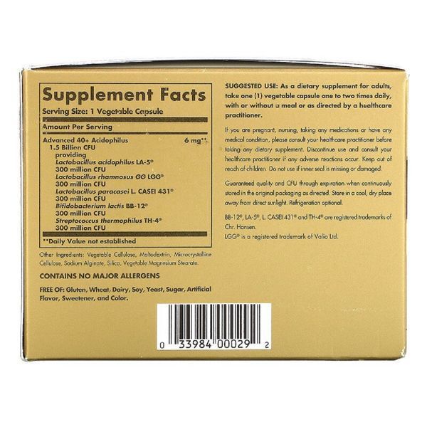 Пробіотики, Advanced 40+ Acidophilus, Solgar, 120 капсул