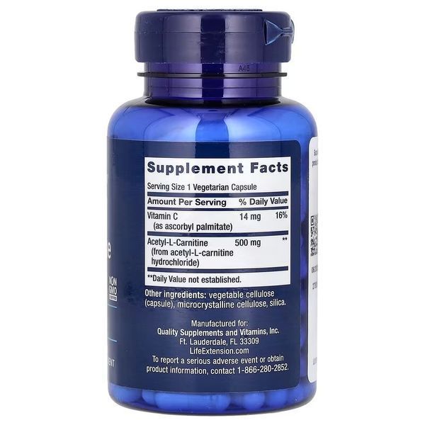 Ацетил L-карнітин, 500 мг, Acetyl-L-Carnitine, Life Extension, 100 вегетаріанських капсул