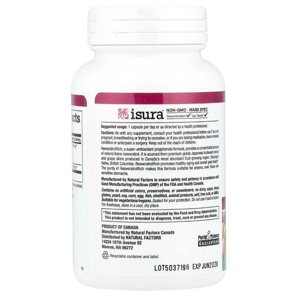Концентрат ресвератролу, ResveratrolRich, Resveratrol Concentrate, Natural Factors, 60 вегетаріанських капсул