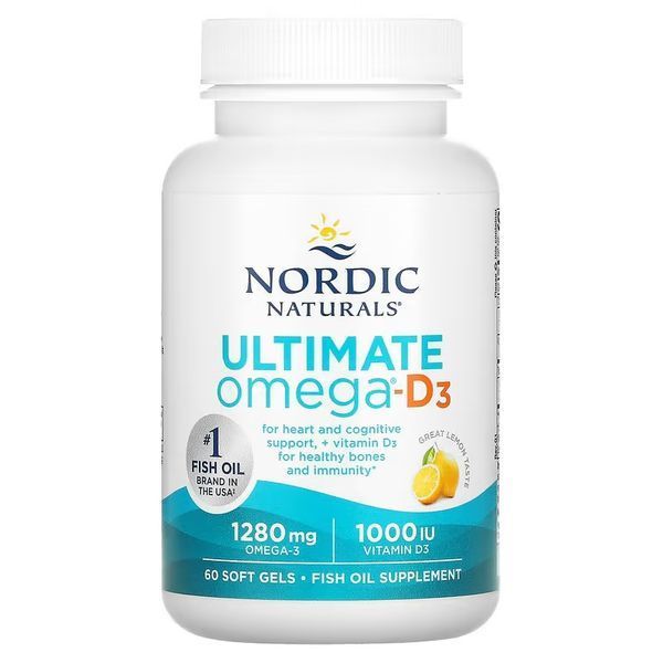 Омега-3 та вітамін D3, 1280 мг та 25 мкг (1000 МО), смак лимона, Ultimate Omega-3D, Nordic Naturals, 60 гелевих капсул