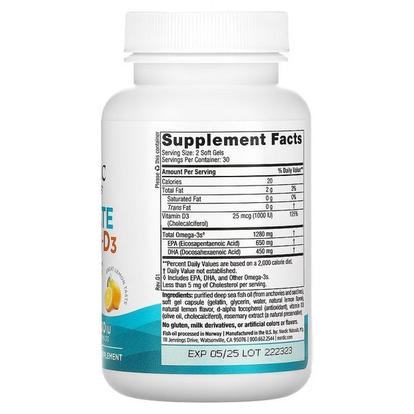 Омега-3 та вітамін D3, 1280 мг та 25 мкг (1000 МО), смак лимона, Ultimate Omega-3D, Nordic Naturals, 60 гелевих капсул