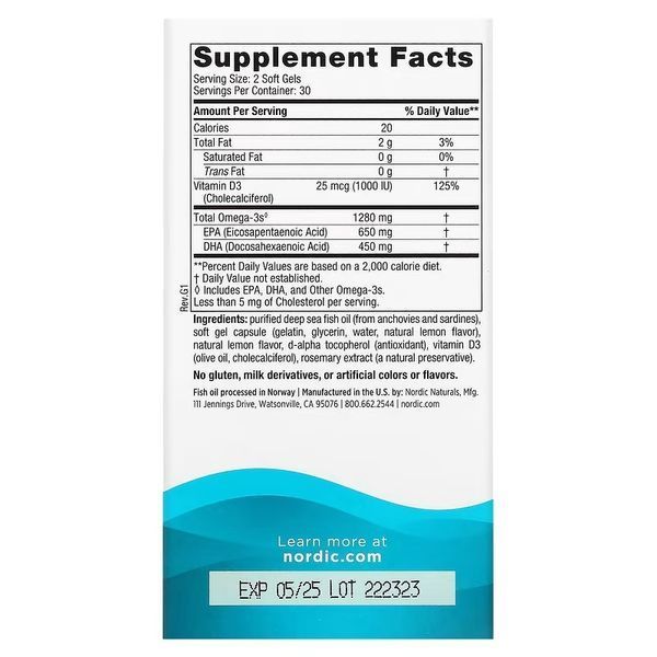 Омега-3 та вітамін D3, 1280 мг та 25 мкг (1000 МО), смак лимона, Ultimate Omega-3D, Nordic Naturals, 60 гелевих капсул