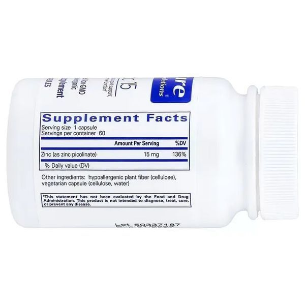 Цинк, 15 мг, Zinc 15, Pure Encapsulations, 60 капсул