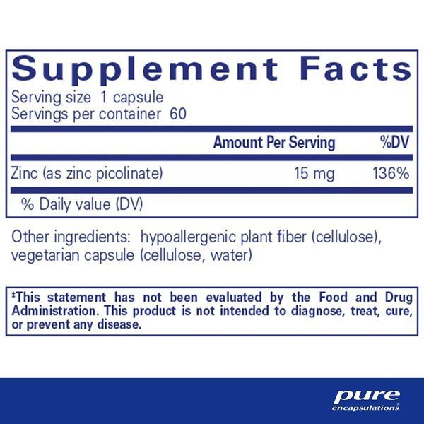 Цинк, 15 мг, Zinc 15, Pure Encapsulations, 60 капсул