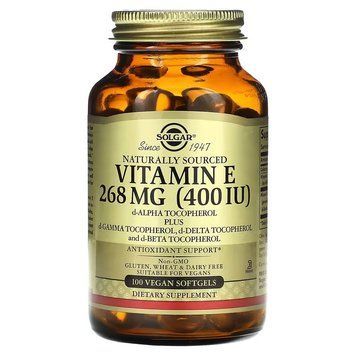 Вітамін Е, 268 мг (400 МО), Naturally Sourced Vitamin E, Solgar, 100 веганських гелевих капсул
