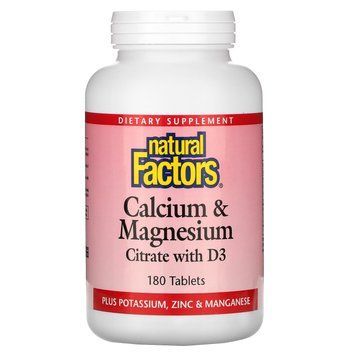 Цитрат Кальция Магния, Витамин D, Calcium & Magnesium Citrate, With D, Natural Factors, 180 Таблеток
