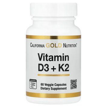Вітамін D3 та K2, Vitamin D3+K2, California Gold Nutrition, 60 вегетаріанських капсул