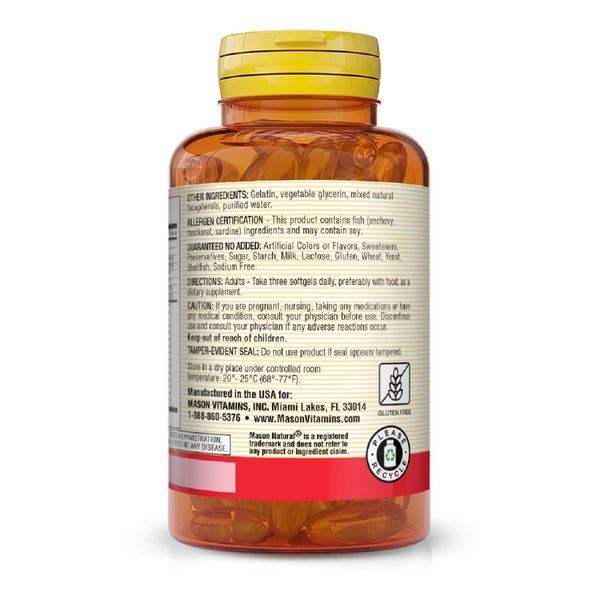 Потрійна Омега 3-6-9, олія риби льону та огірника, Omega 3-6-9 1,200 mg Fish, Flax & Borage Oils, Mason Natural, 60 гелевих капсул
