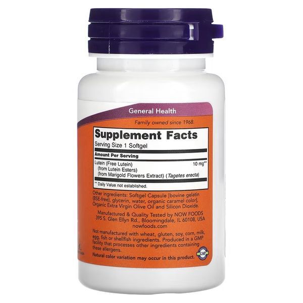Лютеин, 10 мг, Lutein, Now Foods, 60 гелевых капсул