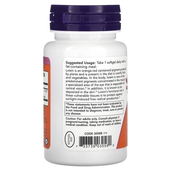 Лютеин, 10 мг, Lutein, Now Foods, 60 гелевых капсул