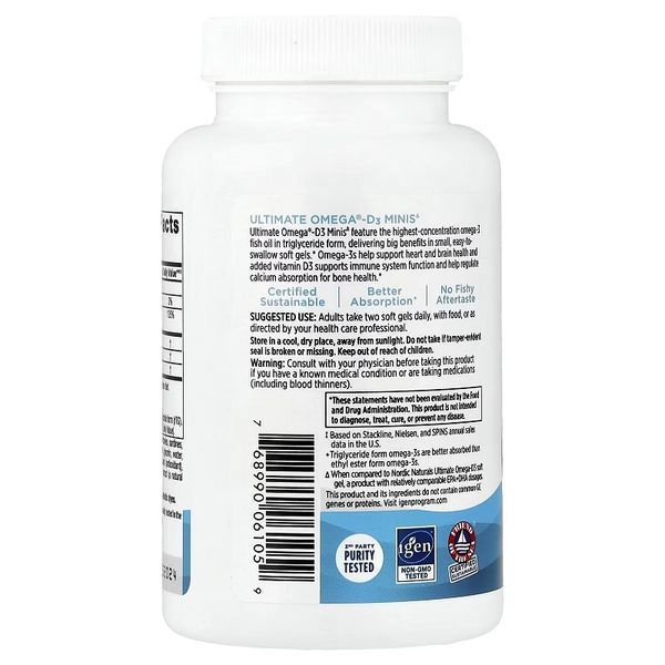 Омега-3 и витамин D3, 1120 мг и 25 мкг (1000 МЕ), вкус лимона, Ultimate Omega-D3 Minis, Nordic Naturals, 60 мини капсул