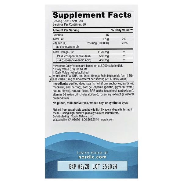 Омега-3 и витамин D3, 1120 мг и 25 мкг (1000 МЕ), вкус лимона, Ultimate Omega-D3 Minis, Nordic Naturals, 60 мини капсул