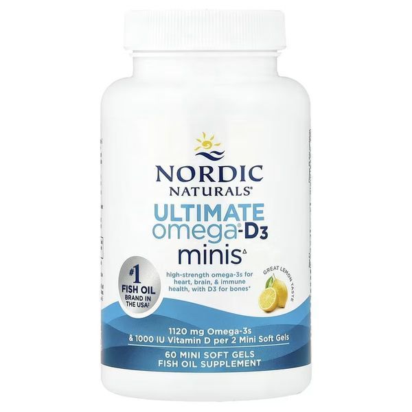 Омега-3 и витамин D3, 1120 мг и 25 мкг (1000 МЕ), вкус лимона, Ultimate Omega-D3 Minis, Nordic Naturals, 60 мини капсул