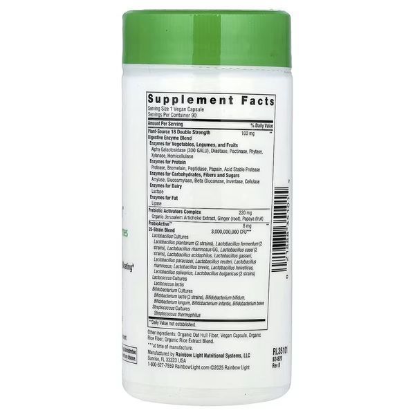 Травні ферменти, All-Zyme, Plant Source Enzymes Probiotics, Rainbow Light, 90 веганських капсул