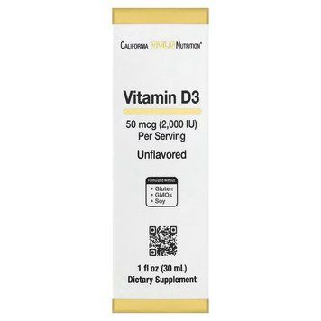 Вітамін D3 у краплях, 50 мкг (2000 МО), без смаку, Vitamin D3, California Gold Nutrition, 30 мл