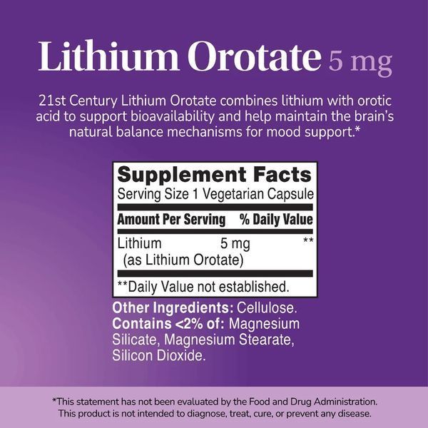 Литий оротат, 5мг, Lithium Orotate, 21st Century, 120 вегетарианских капсул