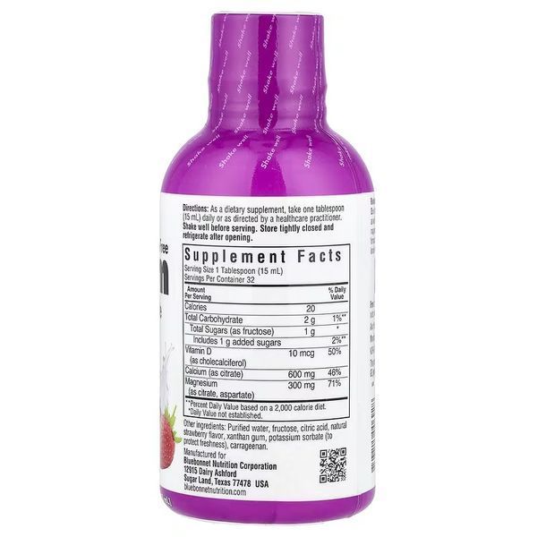 Рідкий Кальцій Цитрат Магнію + Вітамін D3, Смак Полуниці, Bluebonnet Nutrition, 16 рiдких унцiй (472 мл)
