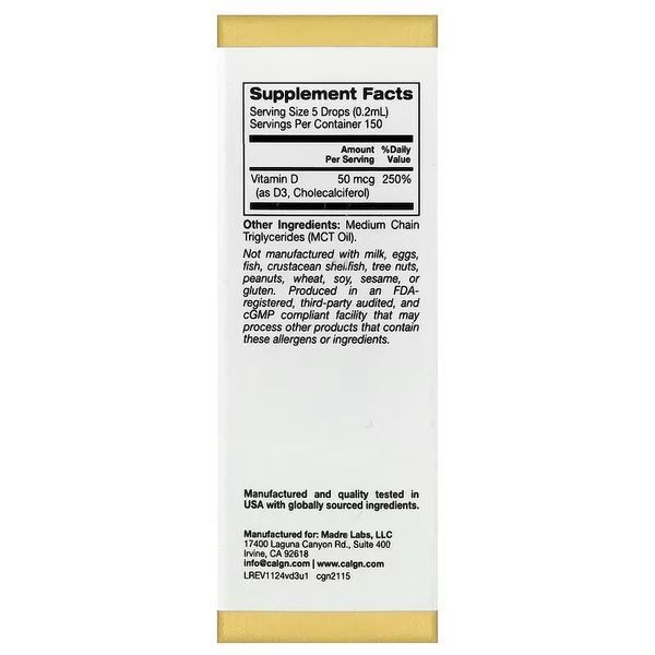 Витамин D3 в каплях, 50 мкг (2000 МЕ), без вкуса, Vitamin D3, California Gold Nutrition, 30 мл